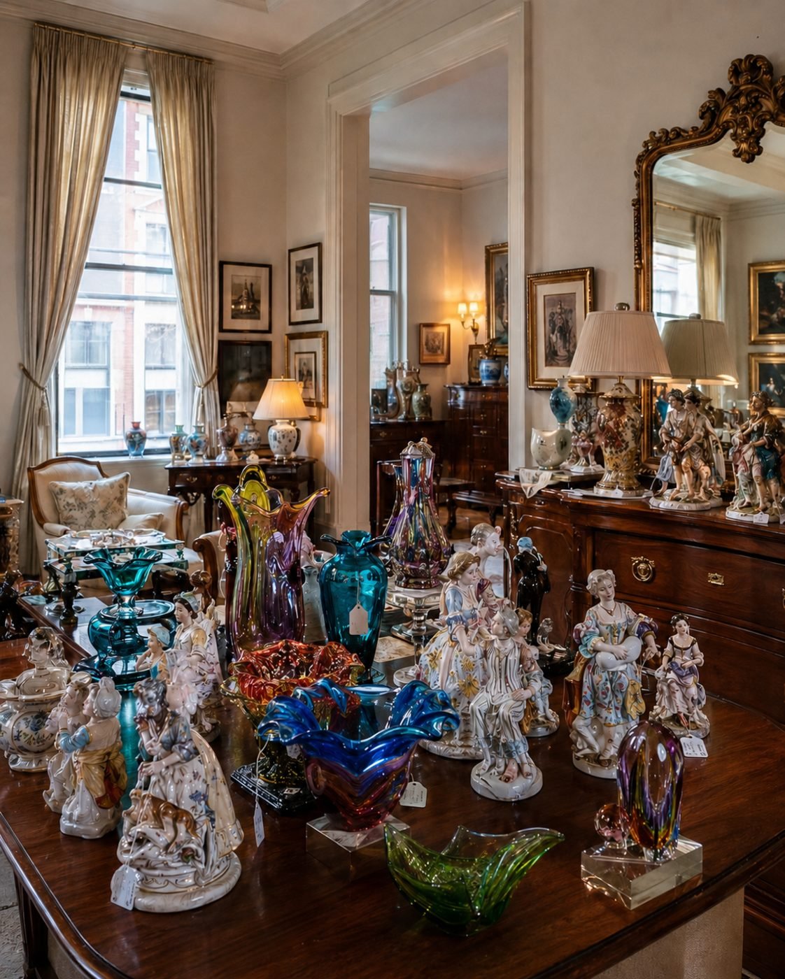 An auction featuring exquisite porcelain figurines and Murano glass pieces.